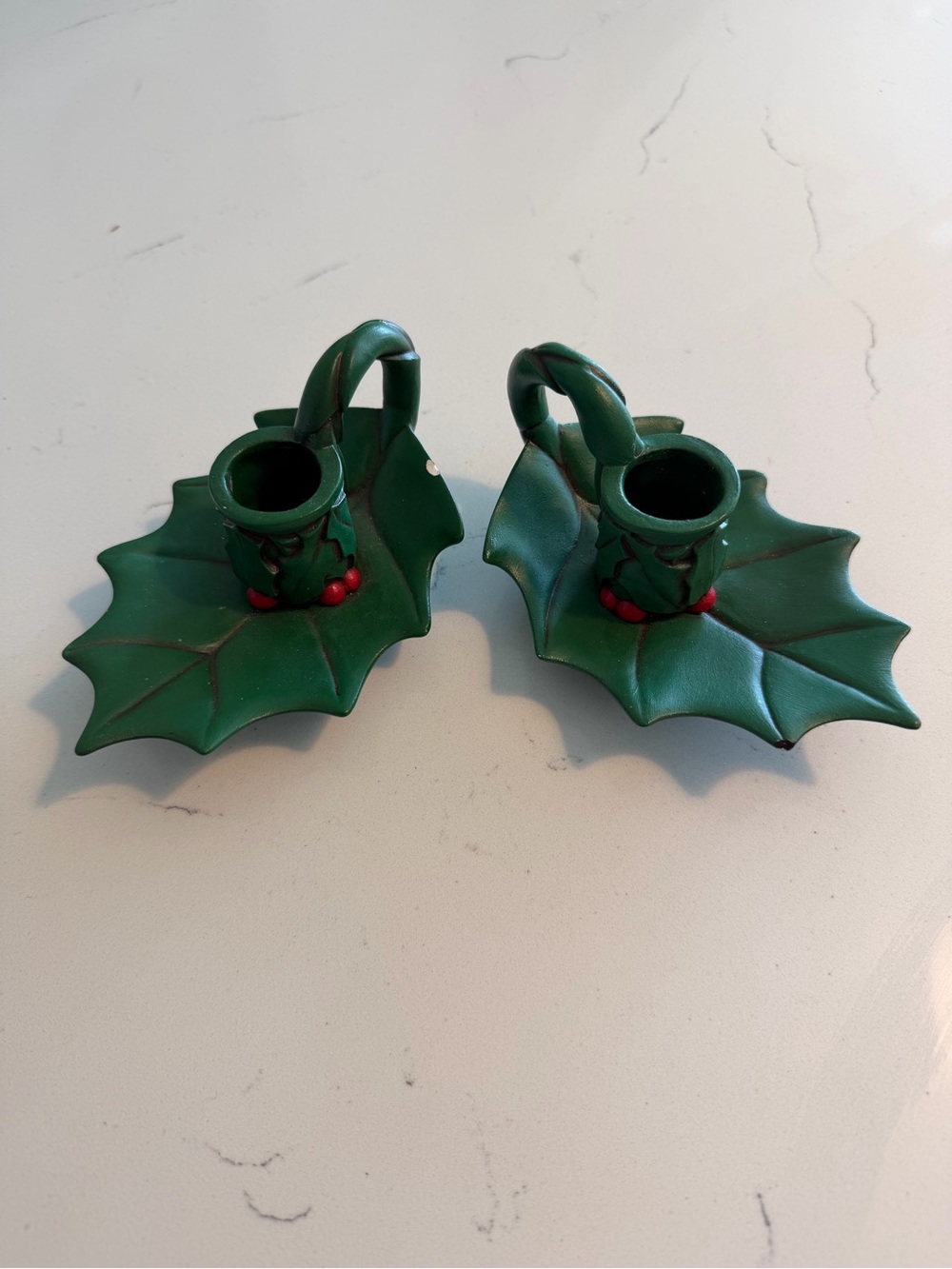 Vintage Green Holly Leaf Ceramic  Candle Holders with Red Berry Accent. Set of 2